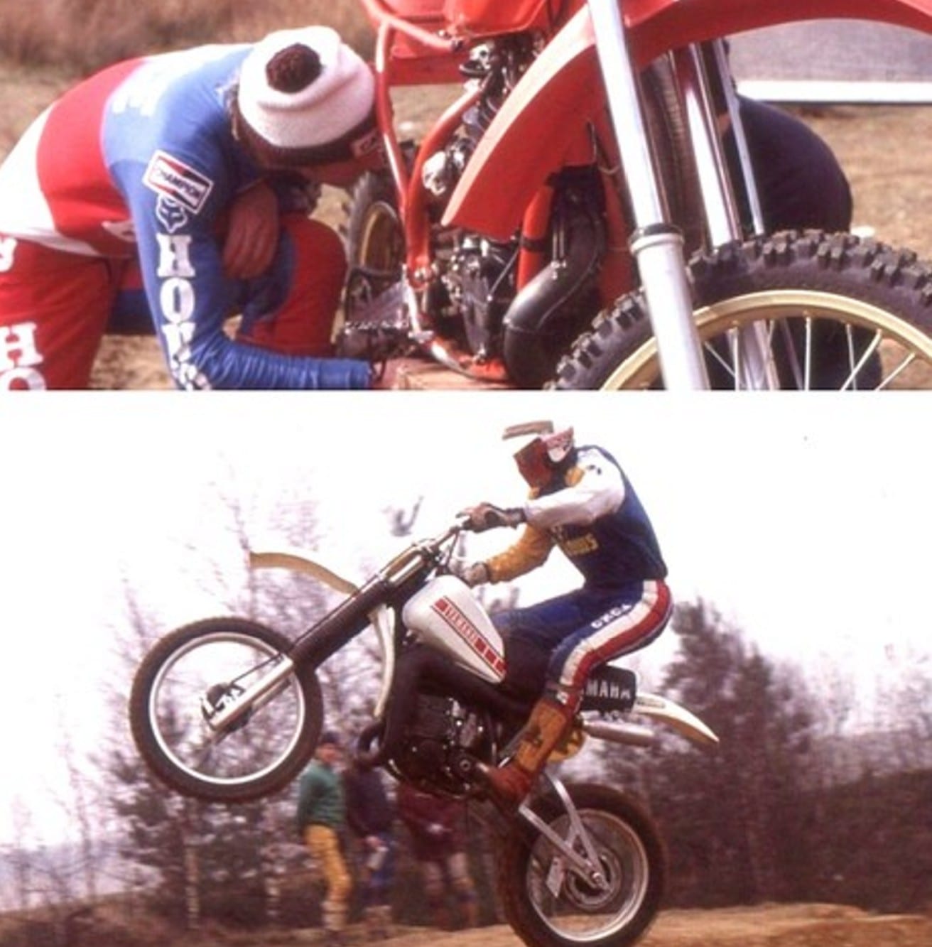 Håkan Carlqvist siirtyi Yamahalle 1980 ja testasi pyöräänsä Genkissä saman vuoden keväänä. Graham Noyce tutki takajousitusta samassa paikassa.